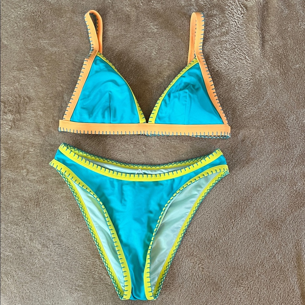 Turquoise Two-Piece Bikini with Orange & Yellow Trim